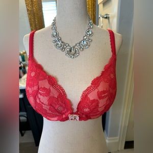 Like New Victoria Secret Push Up Sexy Body Bra Coral with Ivory Lace Bra